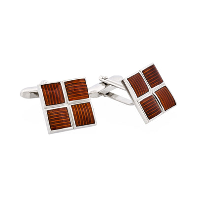 Polished Rhodium Plated Square Cufflinks with 4 Coffee Enamel Inlays