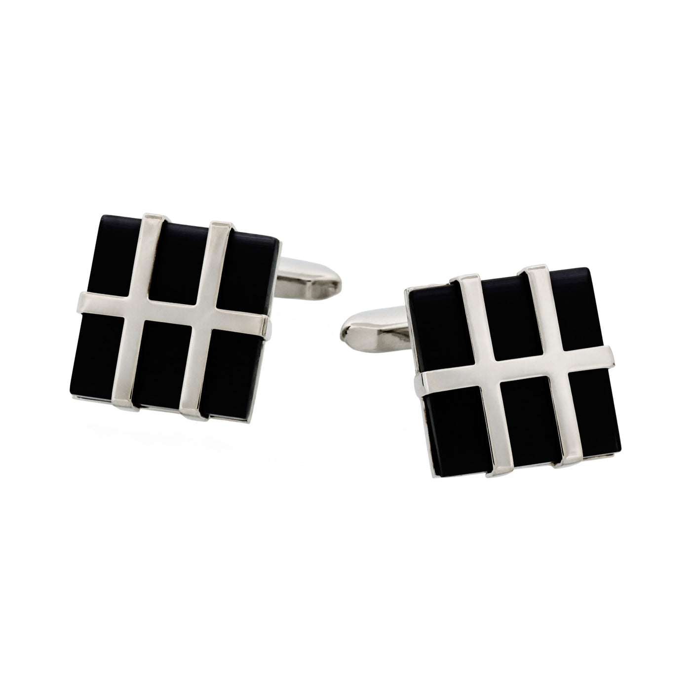 Rhodium Plated Grid Pattern & Black Cat’s Eye Cufflinks