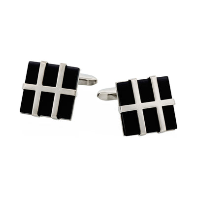 Rhodium Plated Grid Pattern & Black Cat’s Eye Cufflinks
