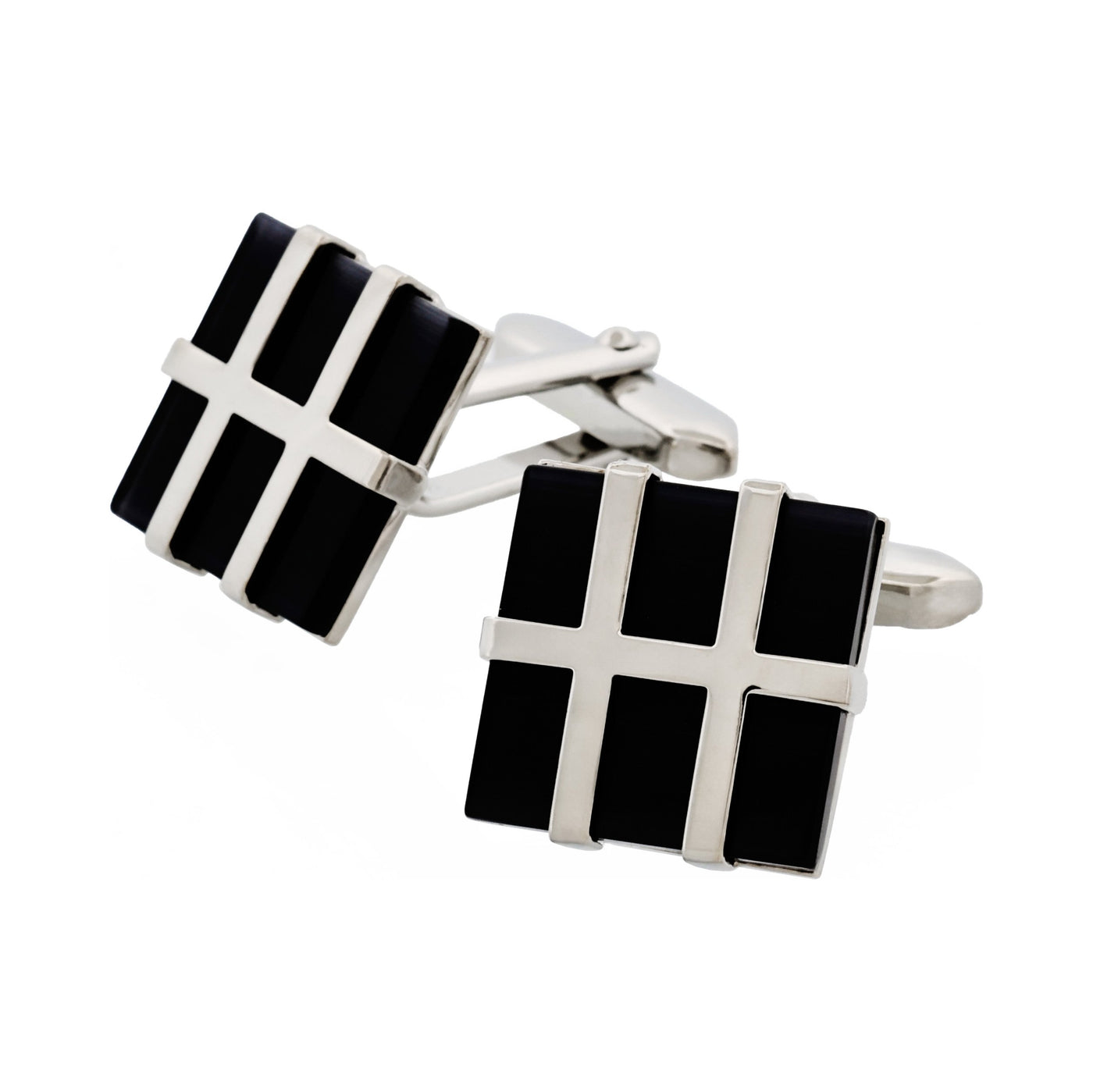 Rhodium Plated Grid Pattern & Black Cat’s Eye Cufflinks