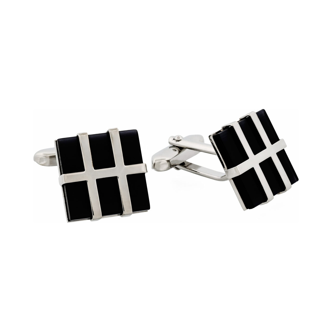 Rhodium Plated Grid Pattern & Black Cat’s Eye Cufflinks