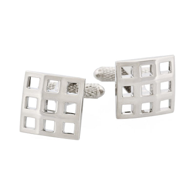 Polished Rhodium Plated Square Cutout Patterned Cufflinks