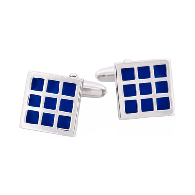 Rhodium Plated Blue Enamel Check Patterned Cufflinks