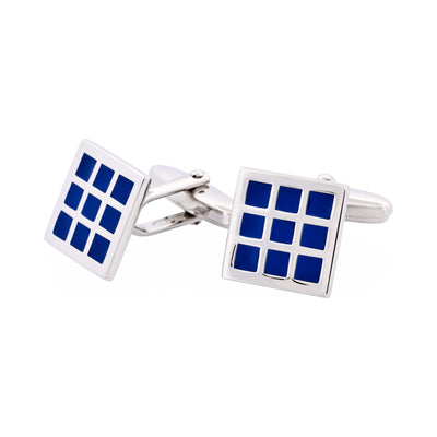Rhodium Plated Blue Enamel Check Patterned Cufflinks