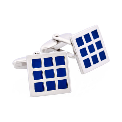 Rhodium Plated Blue Enamel Check Patterned Cufflinks