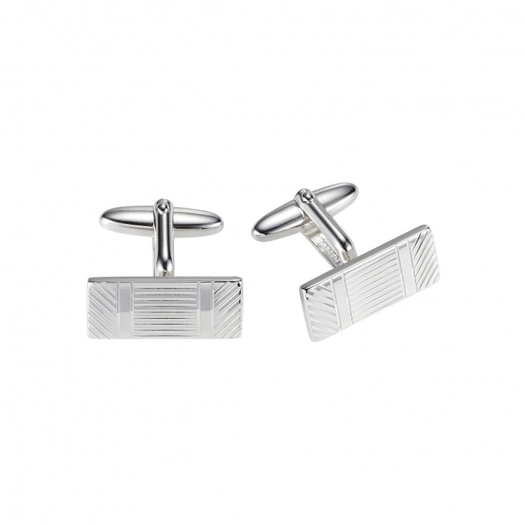 Polished Rhodium Plated Variegated Stripe Pattern Rectangle Cufflinks