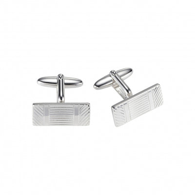 Polished Rhodium Plated Variegated Stripe Pattern Rectangle Cufflinks