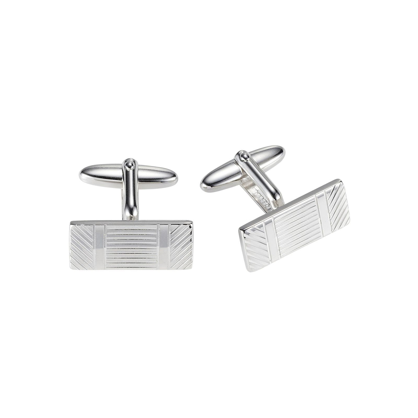 Polished Rhodium Plated Variegated Stripe Pattern Rectangle Cufflinks