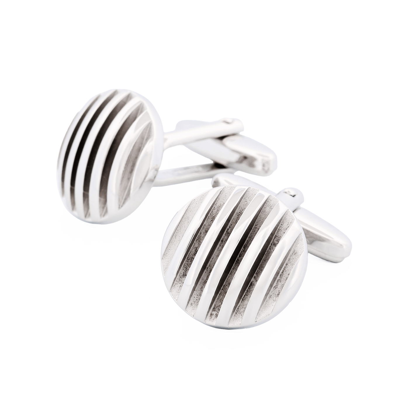 Rhodium Plated Self Striped 3d Round Cufflinks