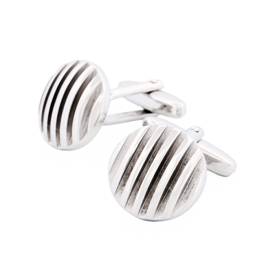 Rhodium Plated Self Striped 3d Round Cufflinks
