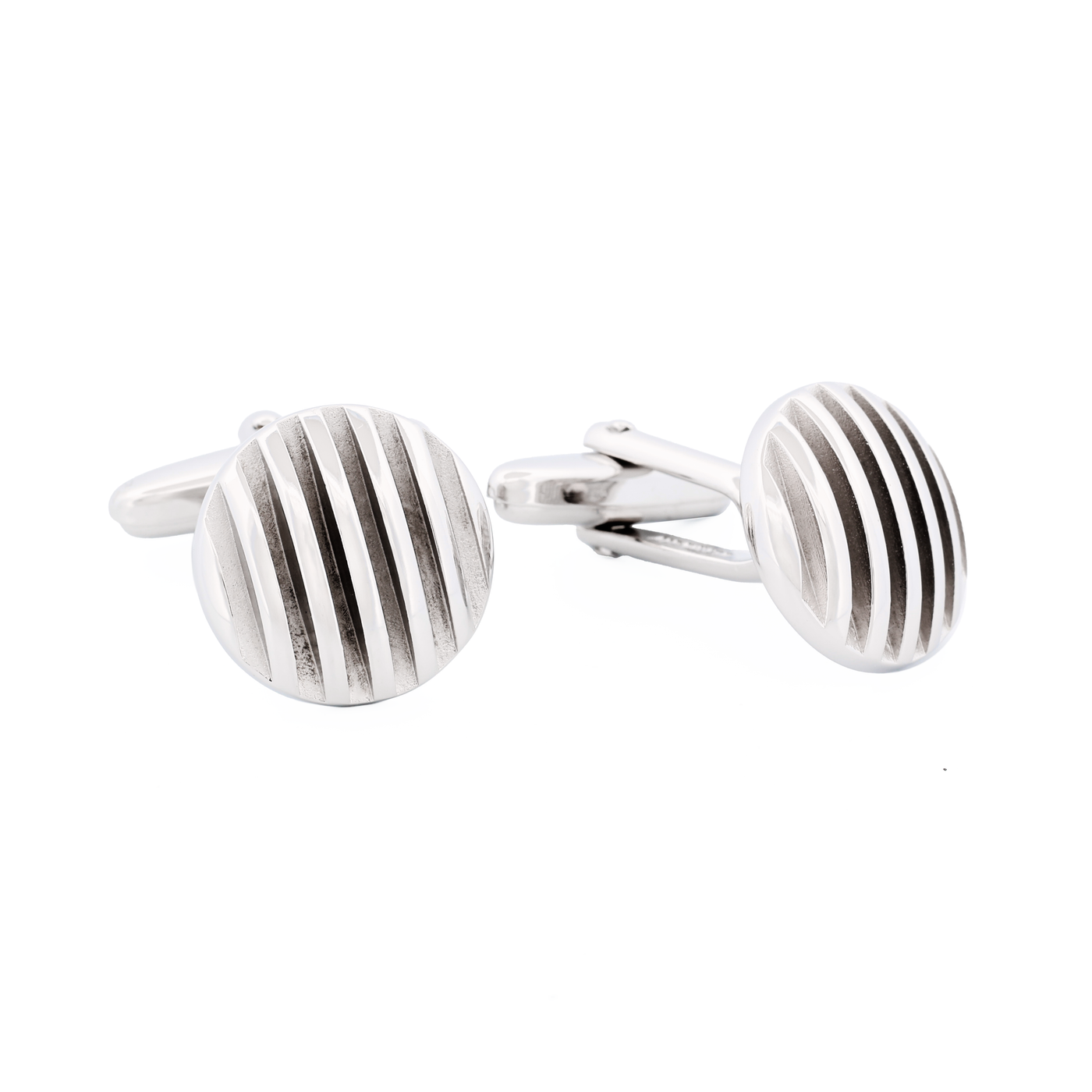 Rhodium Plated Self Striped 3d Round Cufflinks