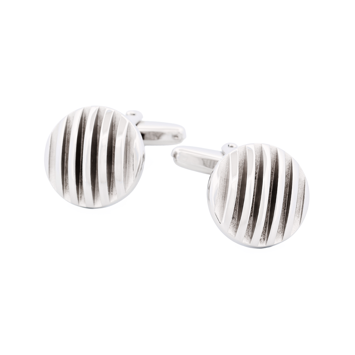 Rhodium Plated Self Striped 3d Round Cufflinks