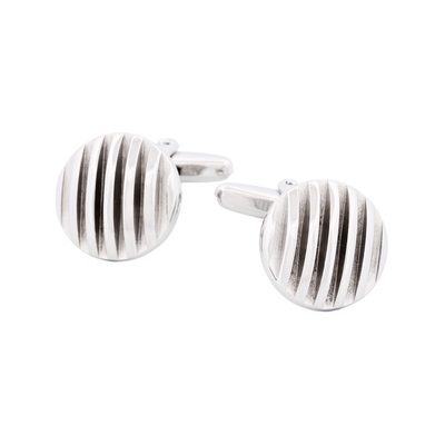 Rhodium Plated Self Striped 3d Round Cufflinks