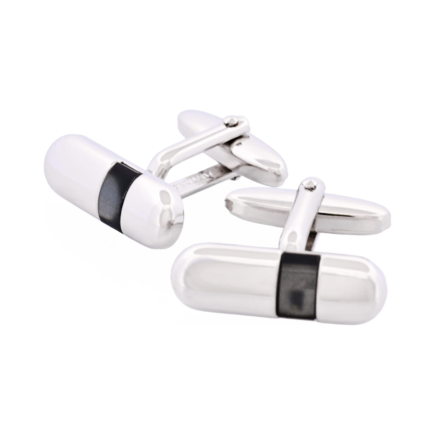 Polished Rhodium Plated Pill Shape with Grey Cat’s Eye Cufflinks