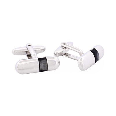 Polished Rhodium Plated Pill Shape with Grey Cat’s Eye Cufflinks