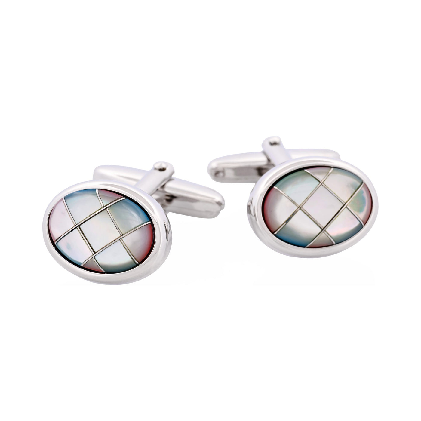 Polished Rhodium Oval Multi Coloured Mother Of Pearl Cross Patterned Cufflinks