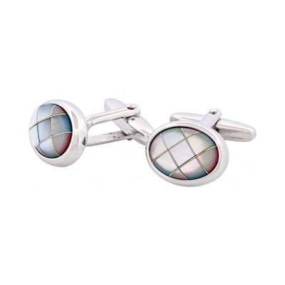 Polished Rhodium Oval Multi Coloured Mother Of Pearl Cross Patterned Cufflinks