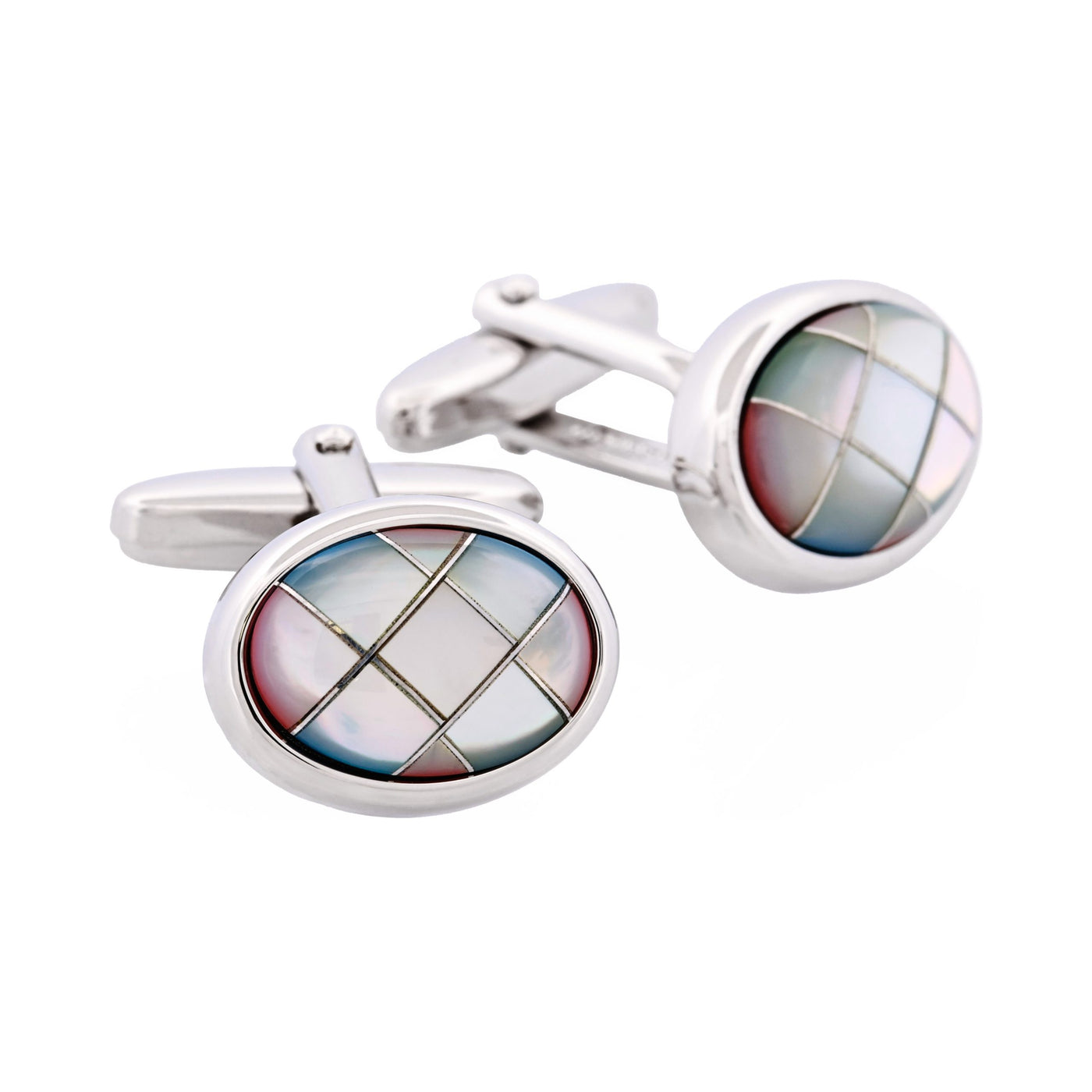 Polished Rhodium Oval Multi Coloured Mother Of Pearl Cross Patterned Cufflinks