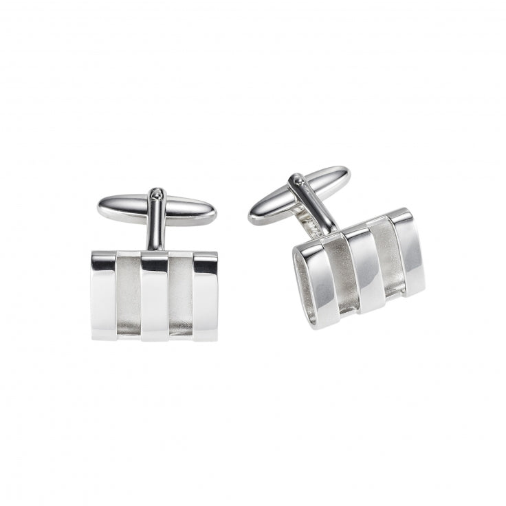 Polished & Raw Rhodium Plated Hollow Triple Band Rectangle Cufflinks