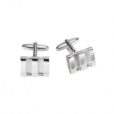 Polished & Raw Rhodium Plated Hollow Triple Band Rectangle Cufflinks