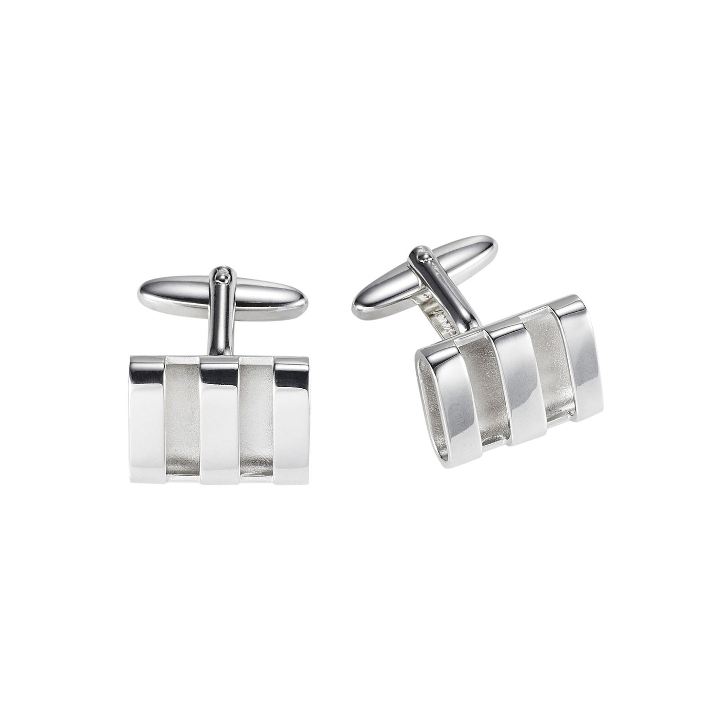 Polished & Raw Rhodium Plated Hollow Triple Band Rectangle Cufflinks