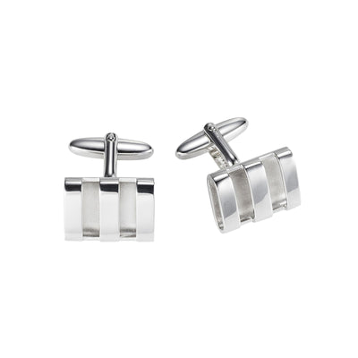 Polished & Raw Rhodium Plated Hollow Triple Band Rectangle Cufflinks