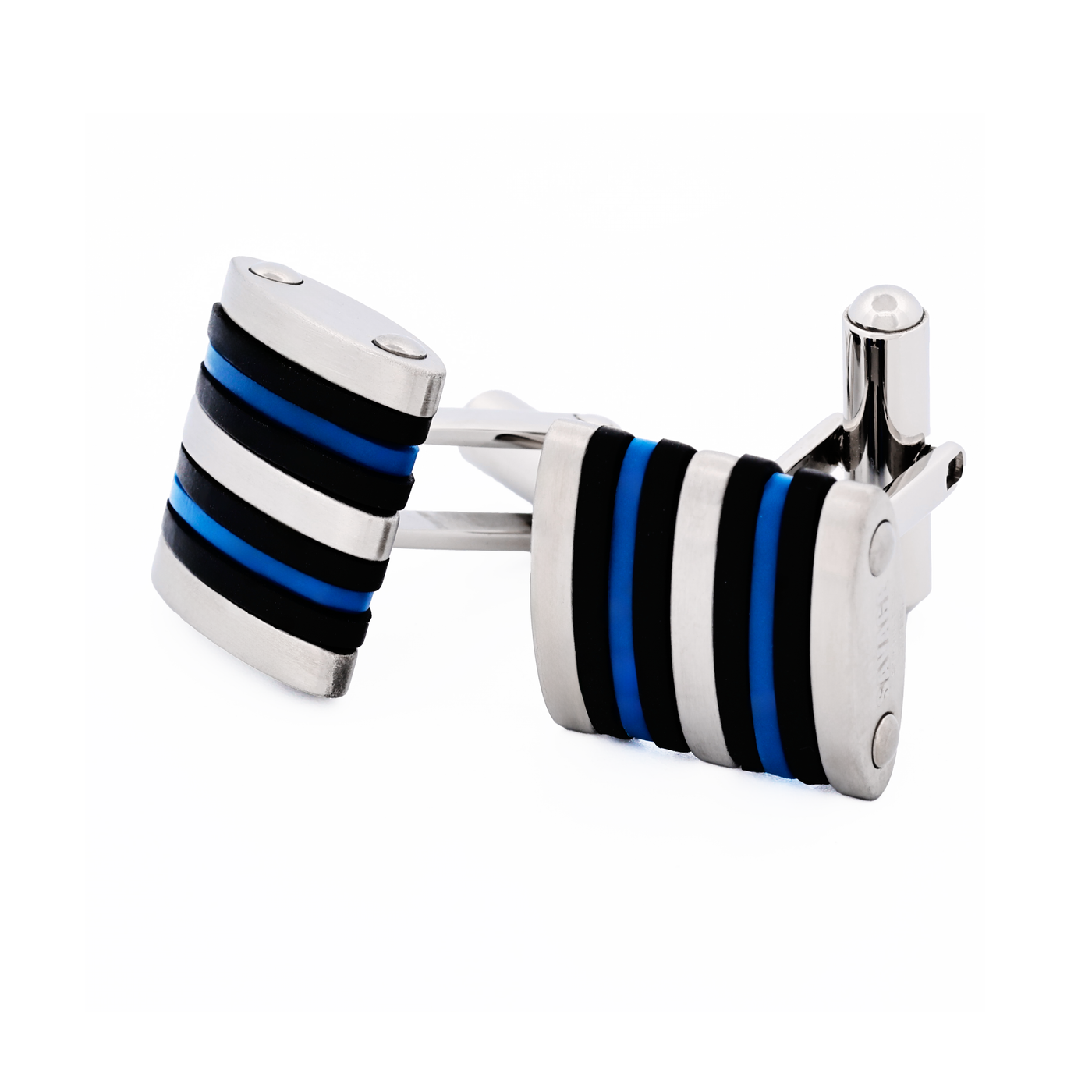 Brushed Stainless Steel Curved Face Cufflinks with Black & Blue Rubber