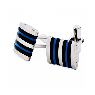 Brushed Stainless Steel Curved Face Cufflinks with Black & Blue Rubber