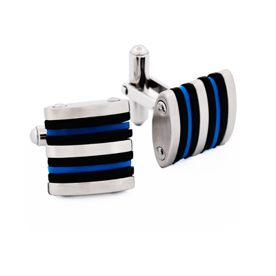 Brushed Stainless Steel Curved Face Cufflinks with Black & Blue Rubber