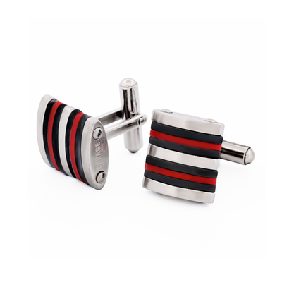 Brushed Stainless Steel Curved Face Cufflinks with Black & Red Rubber