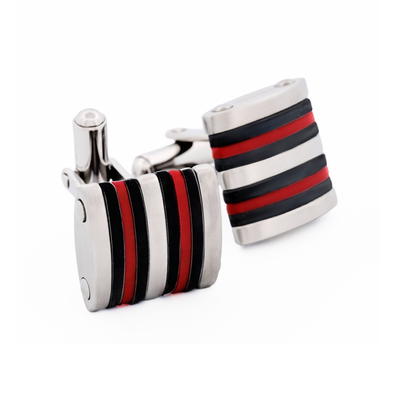 Brushed Stainless Steel Curved Face Cufflinks with Black & Red Rubber