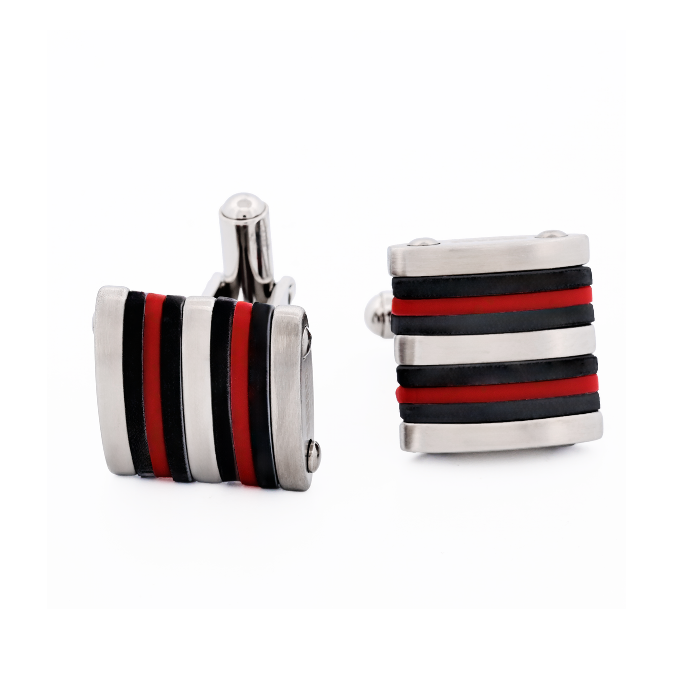 Brushed Stainless Steel Curved Face Cufflinks with Black & Red Rubber