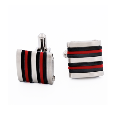 Brushed Stainless Steel Curved Face Cufflinks with Black & Red Rubber