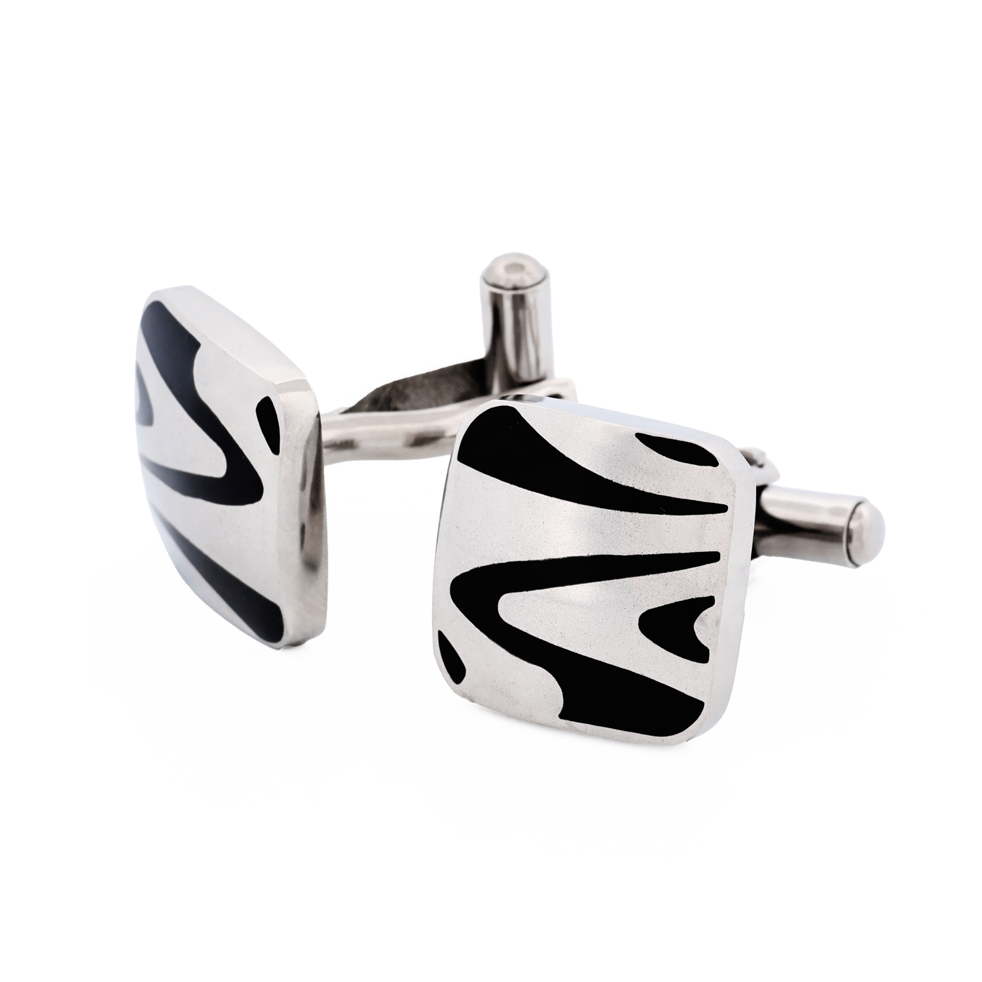 Polished Cushion-Shape Stainless Steel with Black Enamel Swirl Cufflinks