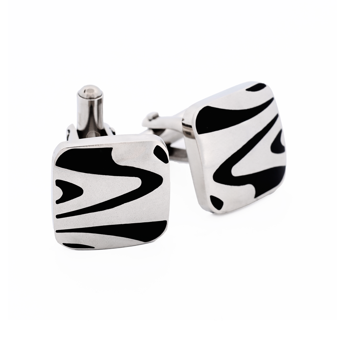 Polished Cushion-Shape Stainless Steel with Black Enamel Swirl Cufflinks