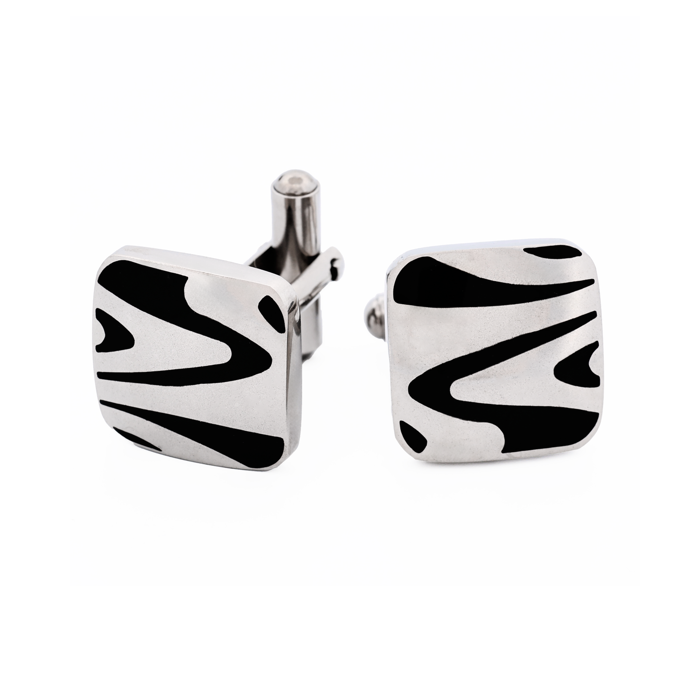 Polished Cushion-Shape Stainless Steel with Black Enamel Swirl Cufflinks