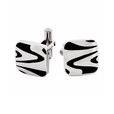 Polished Cushion-Shape Stainless Steel with Black Enamel Swirl Cufflinks