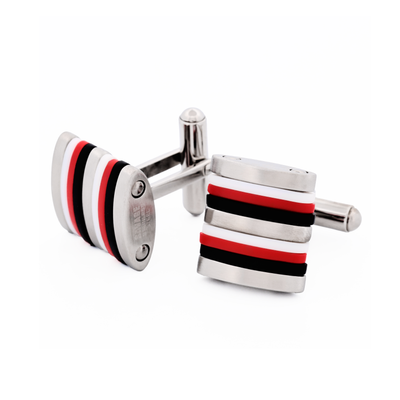 Brushed Stainless Steel Curved Face Cufflinks with Black, Red & White Rubber