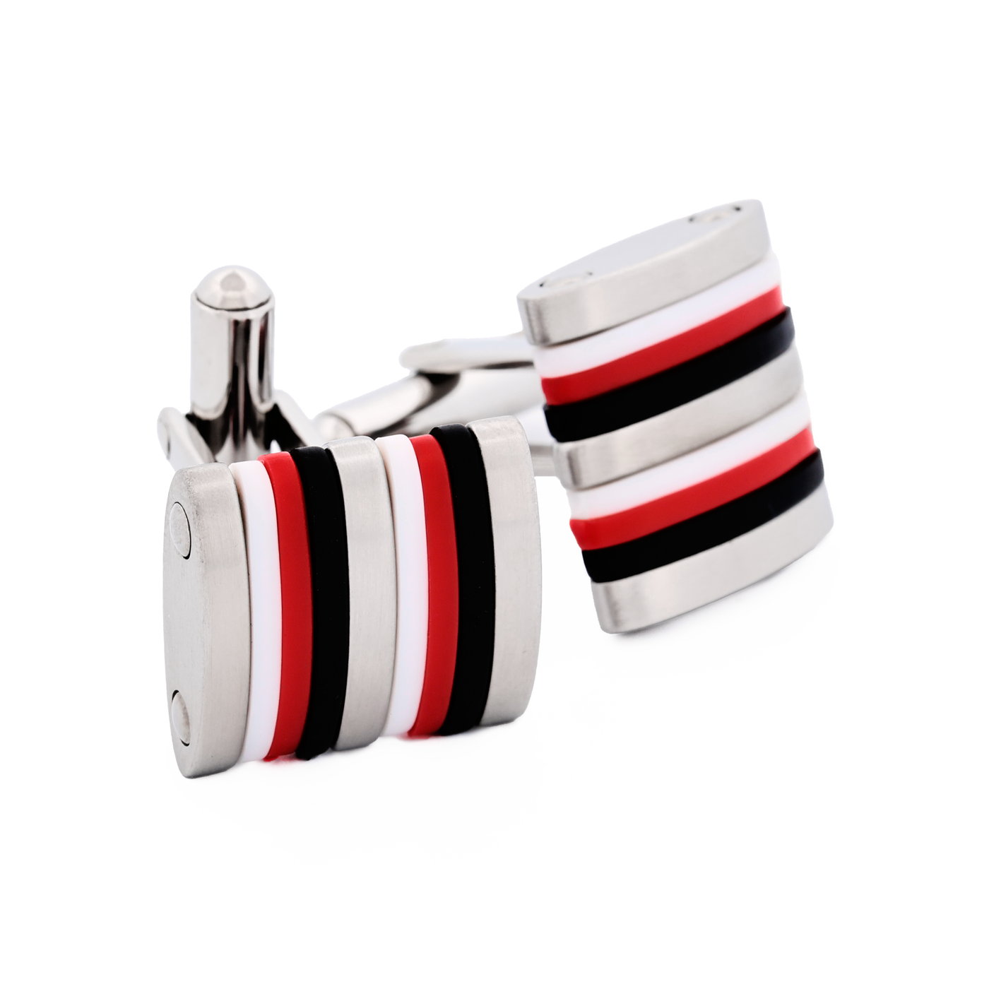 Brushed Stainless Steel Curved Face Cufflinks with Black, Red & White Rubber