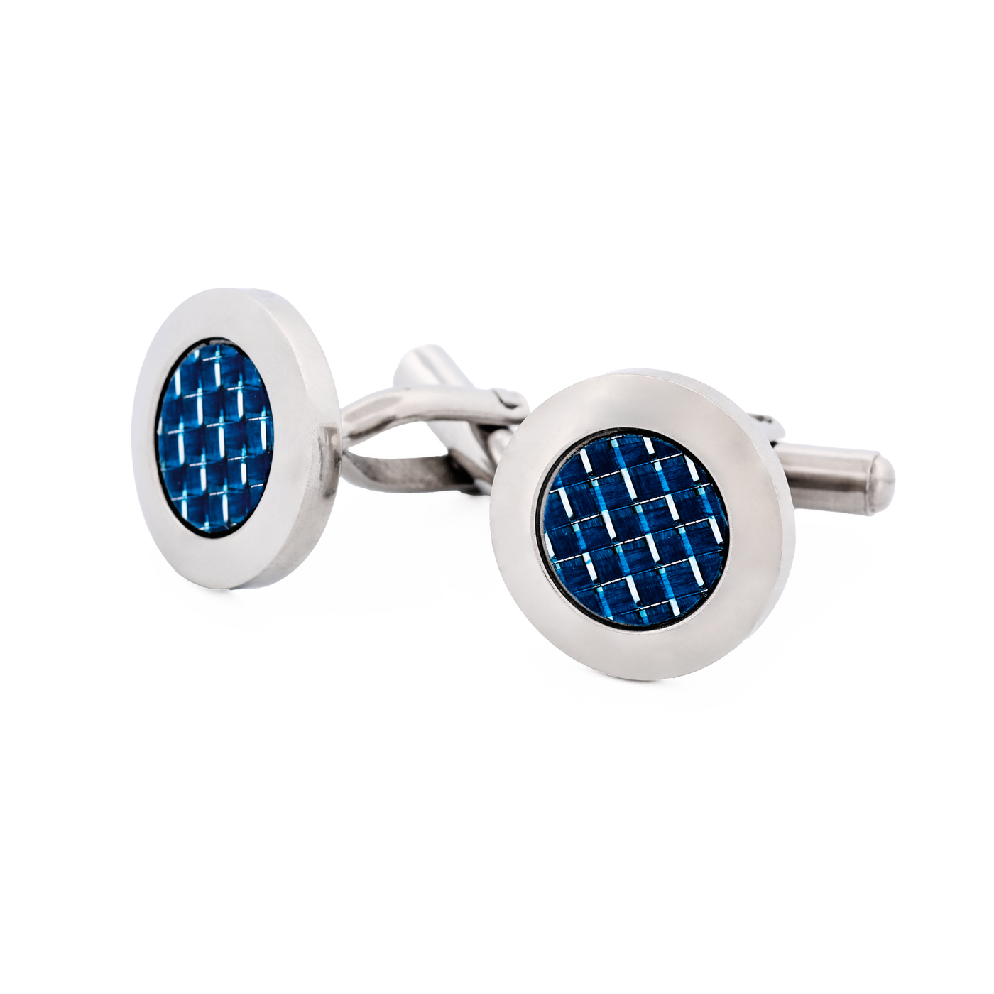 Polished Round Stainless & Blue Fibreglass Cufflinks