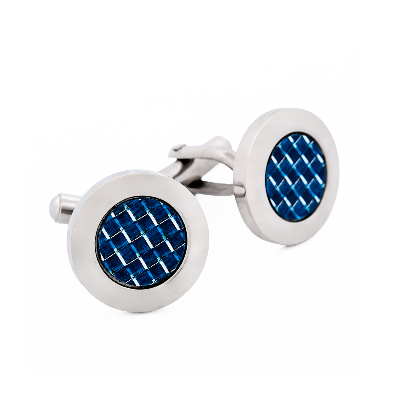 Polished Round Stainless & Blue Fibreglass Cufflinks
