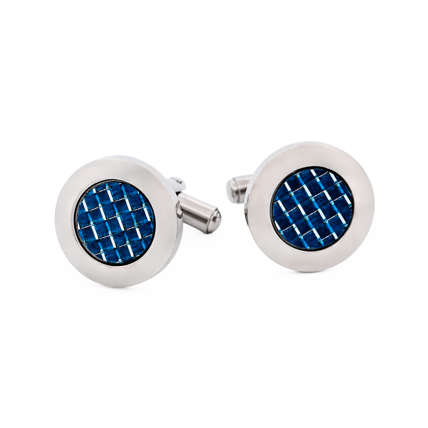 Polished Round Stainless & Blue Fibreglass Cufflinks