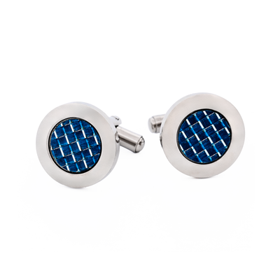 Polished Round Stainless & Blue Fibreglass Cufflinks