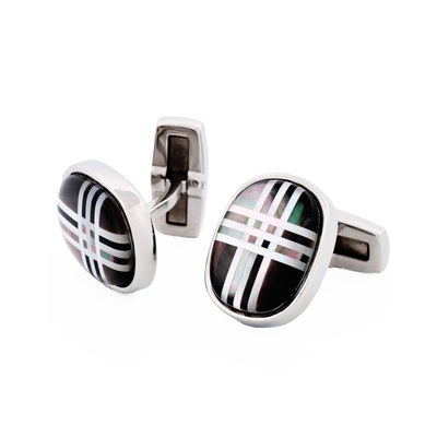 Polished Oval Stainless Steel & Grey Mother Of Pearl Cufflinks