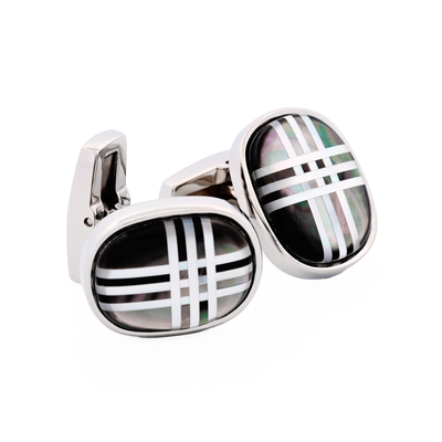 Polished Oval Stainless Steel & Grey Mother Of Pearl Cufflinks