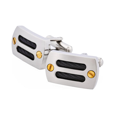Brushed Stainless Steel Black Cable Wire & Gold Plated Screws Cufflinks