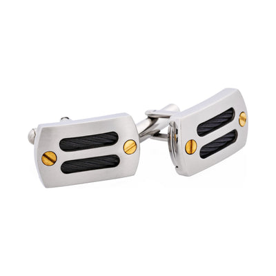 Brushed Stainless Steel Black Cable Wire & Gold Plated Screws Cufflinks