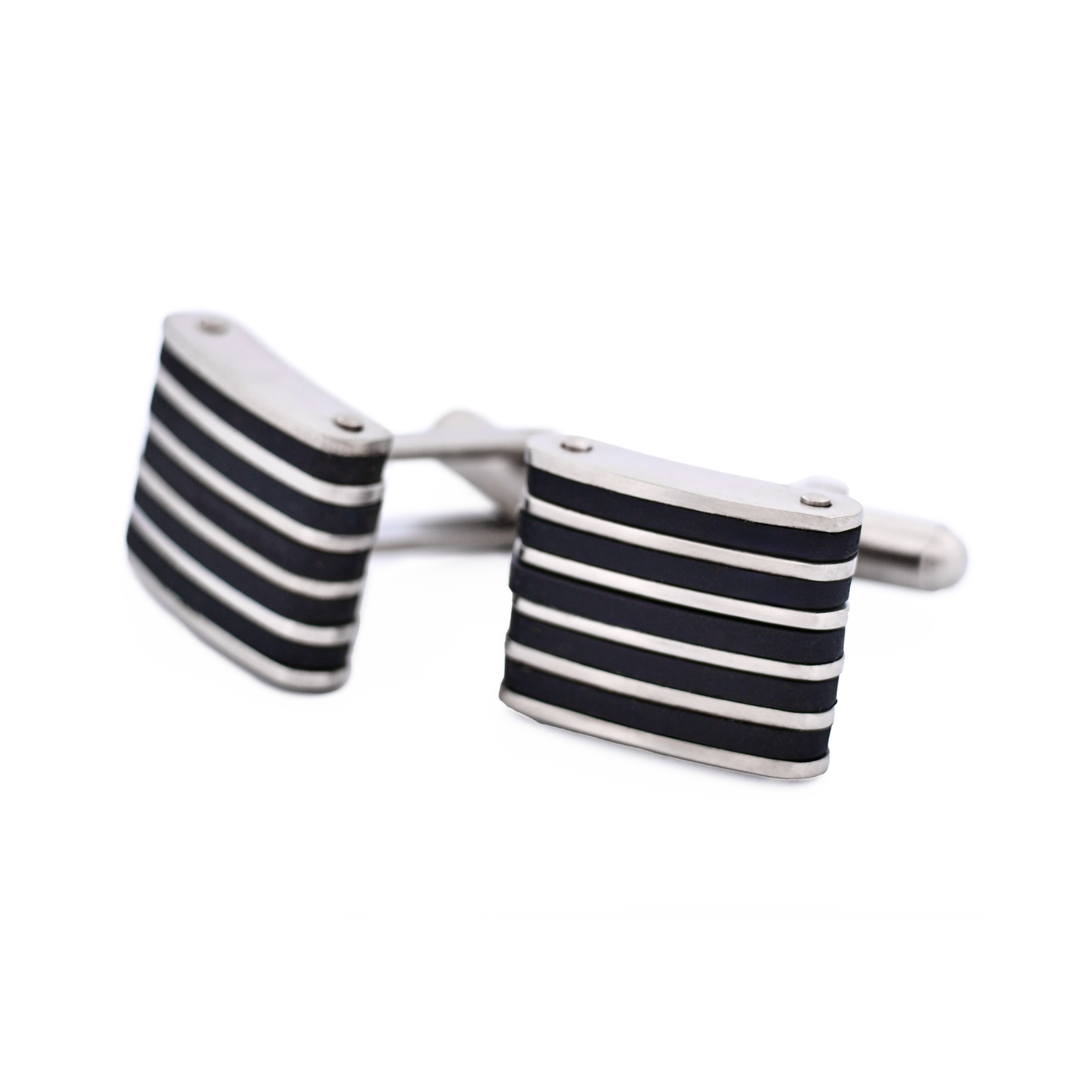 Stainless Steel & Black Rubber Striped Cufflinks
