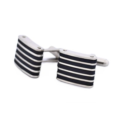 Stainless Steel & Black Rubber Striped Cufflinks