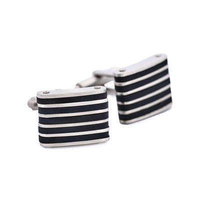 Stainless Steel & Black Rubber Striped Cufflinks
